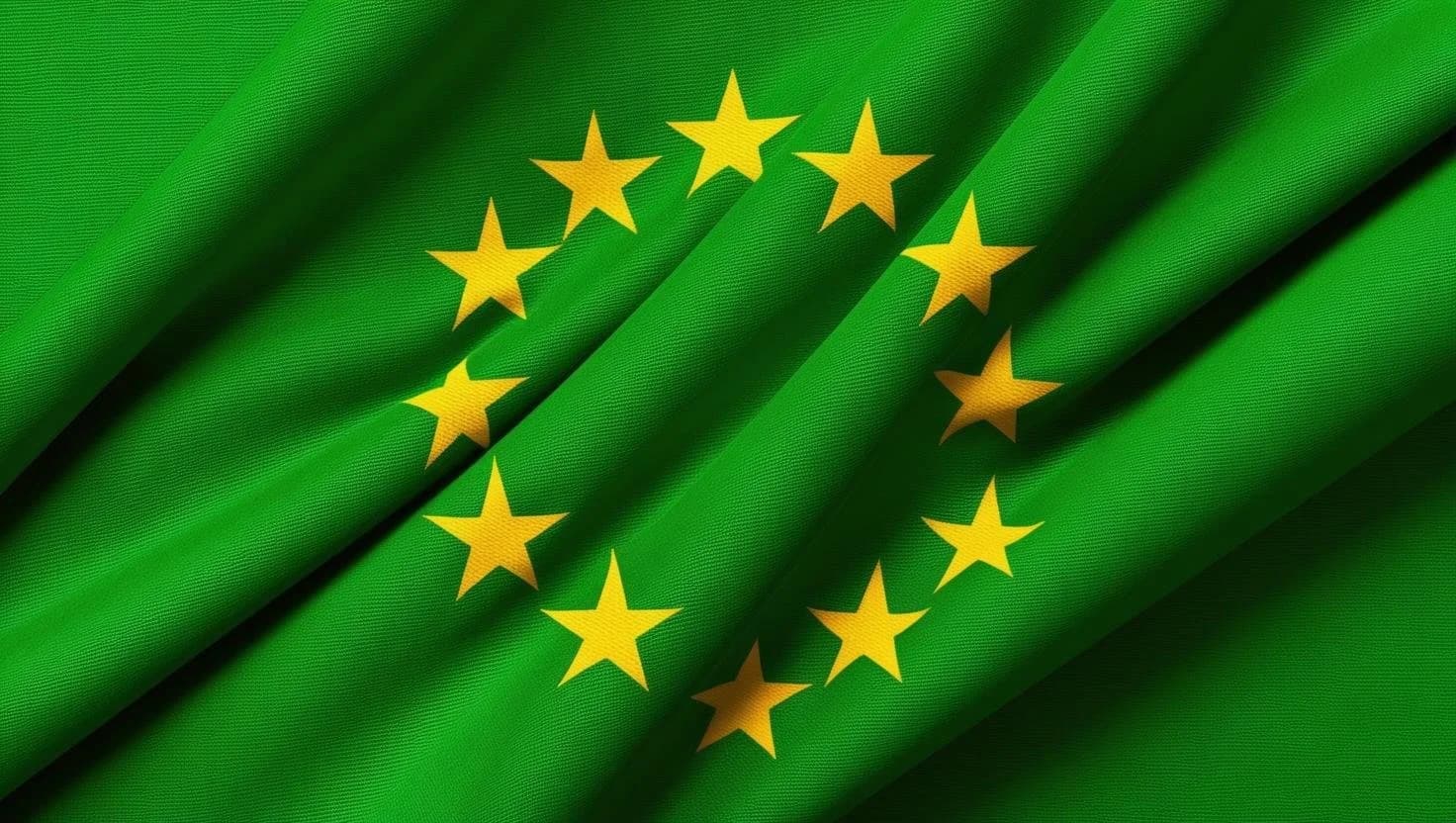 The EU flag re-shaded green — fitting visual for a directive on environmental claims.