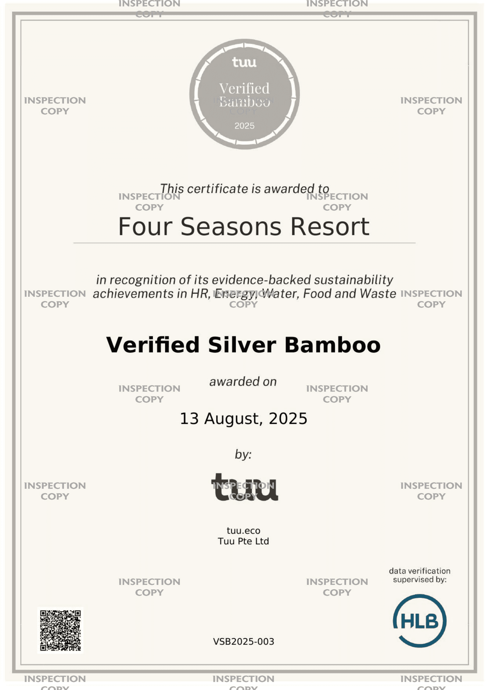 Four Seasons Resort Chiang Mai — inspection-copy certificate
