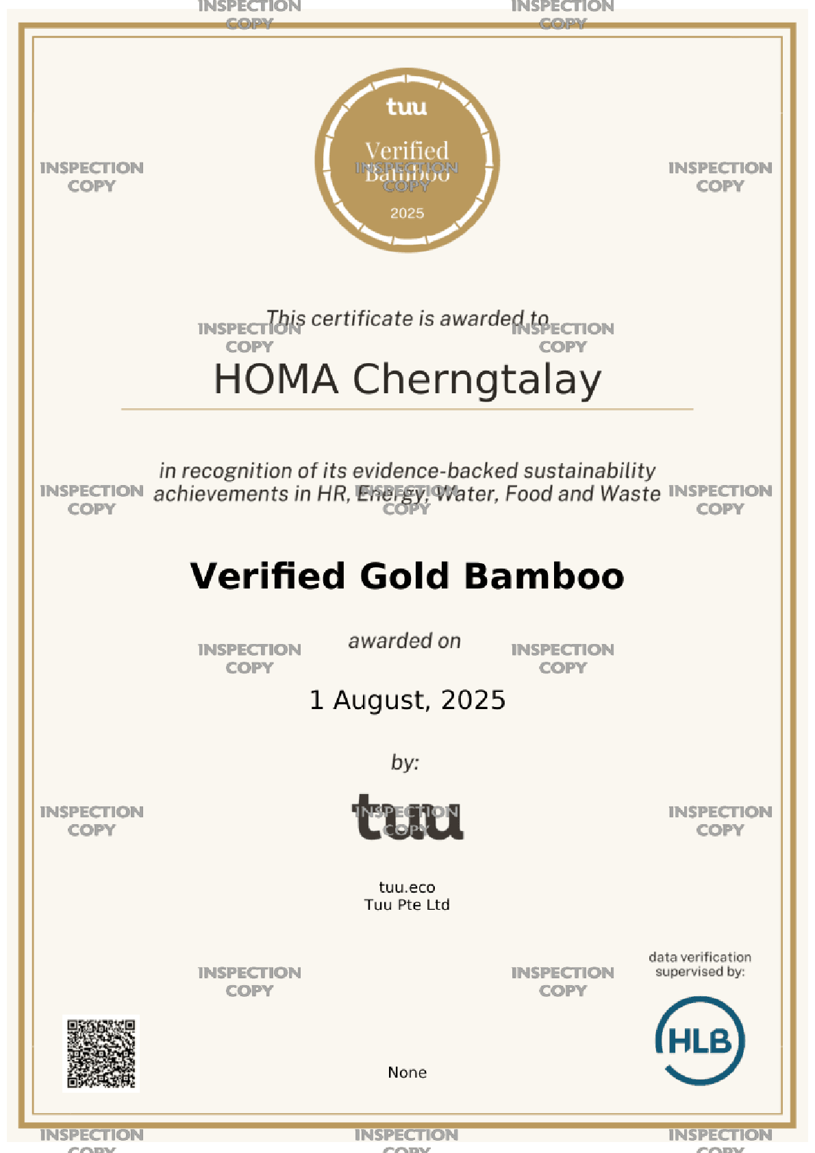 HOMA Cherngtalay — inspection-copy certificate